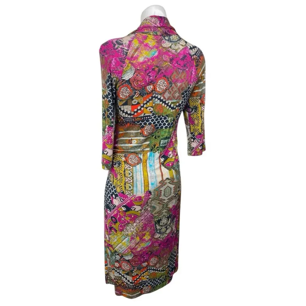 Etro Multicolor Abstract Half Sleeve Ruched Deep V-Neck Sheath Midi Dress Sz 12 - Picture 2 of 4